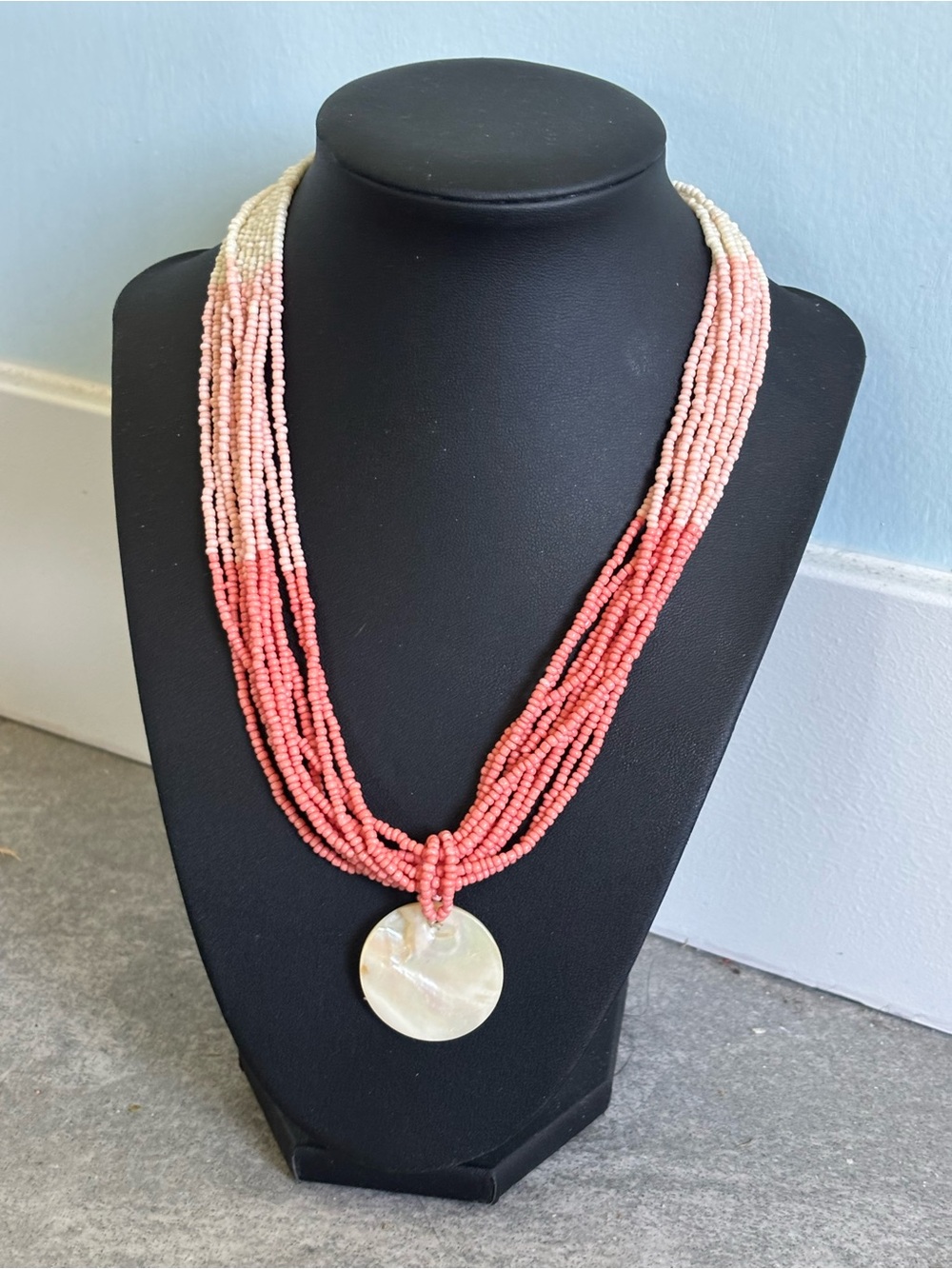 Multi-Strand Pink Ombre Beaded Necklace with Mother-of-Pearl Pendant